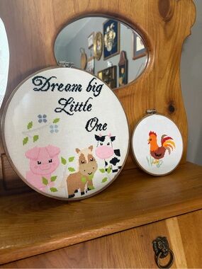 Handmade Farm animals Nursery Embroidered Hoop Wall Art set of 2